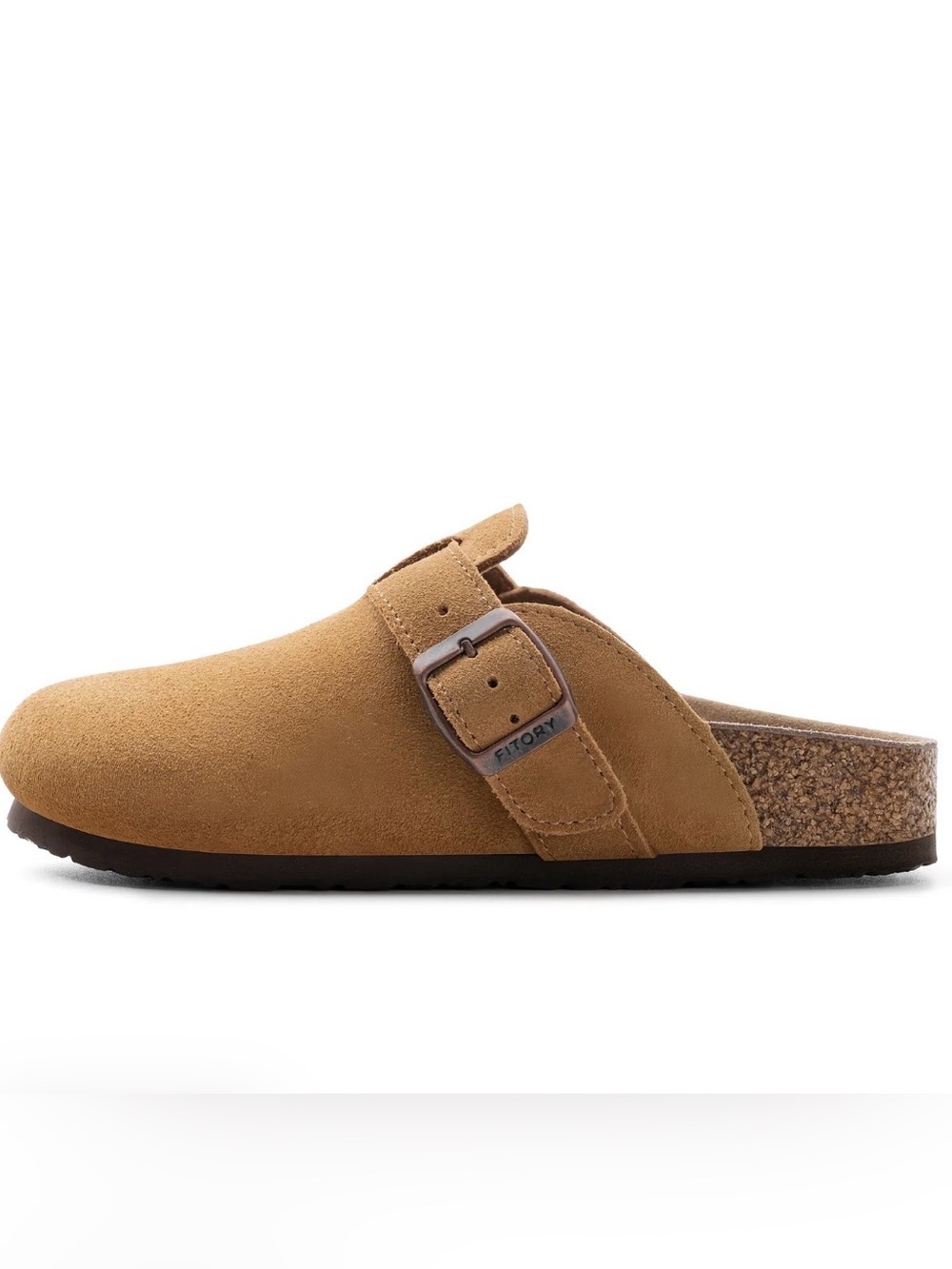 Suede Clogs with Buckle in Camel